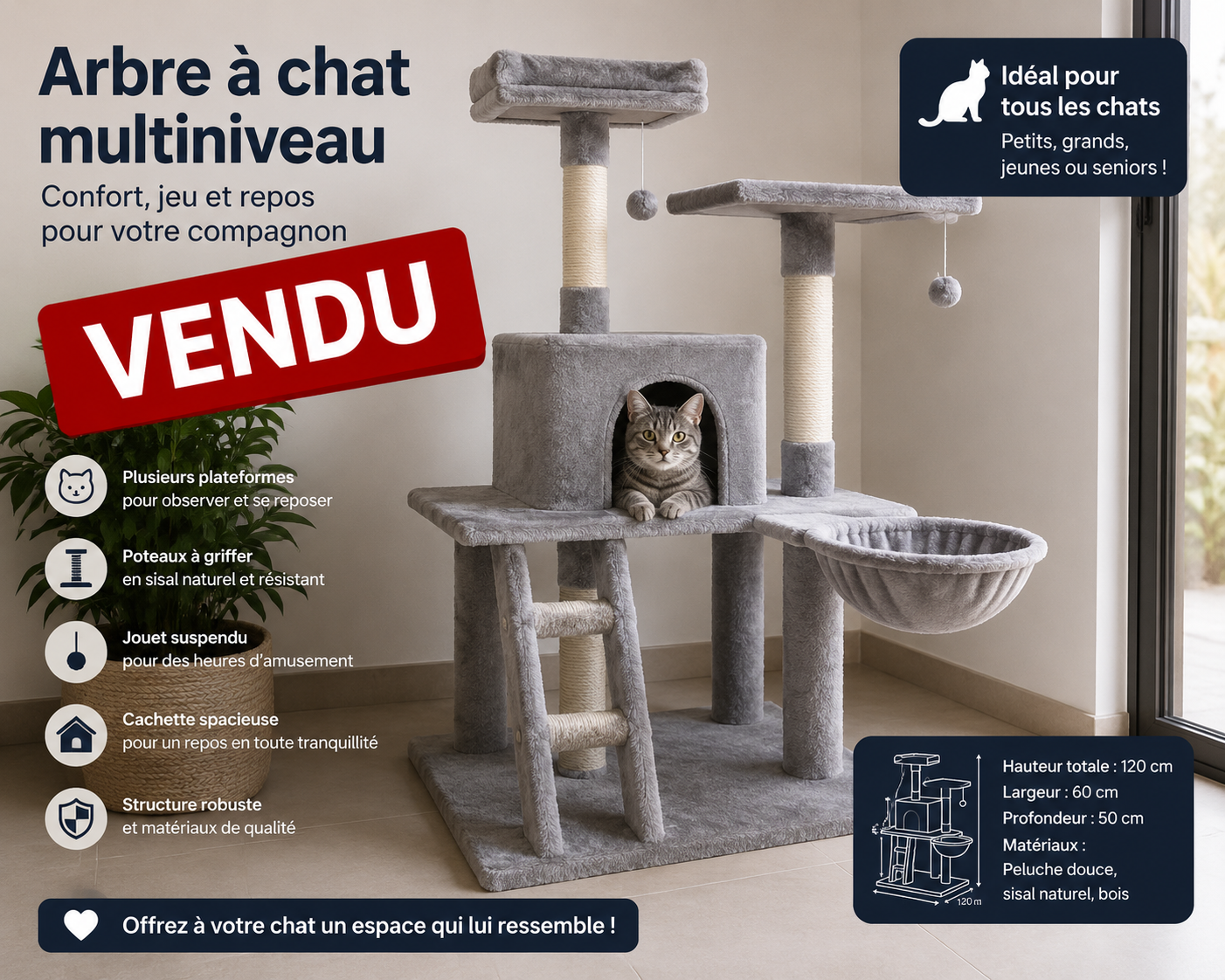Grand arbre à chat gris, peu utilisé