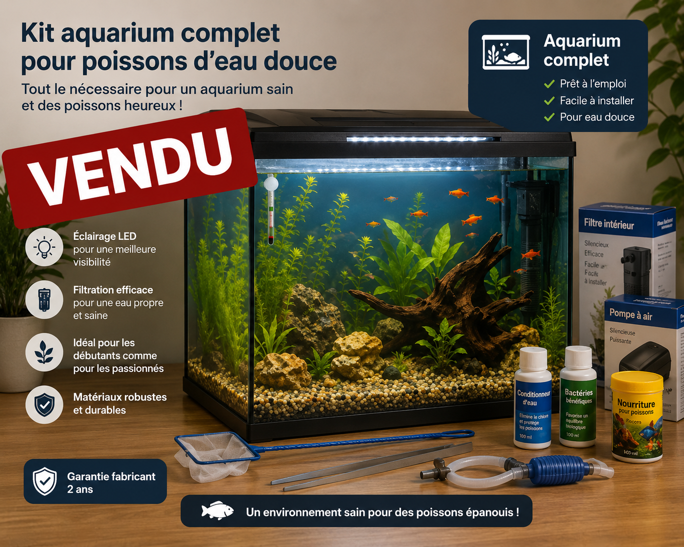 Aquarium 60 L complet avec accessoires