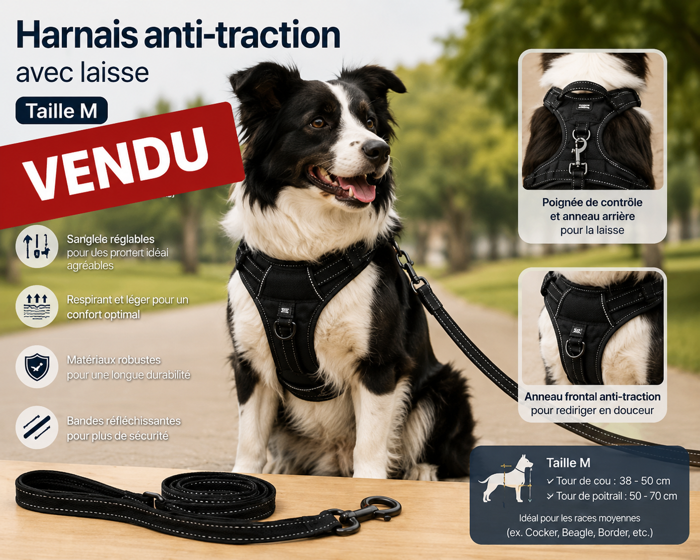 Harnais anti-traction avec laisse taille M