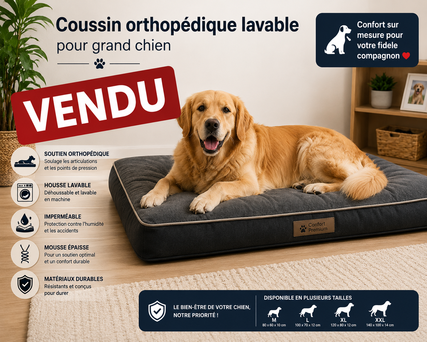 Coussin orthopédique lavable pour grand chien