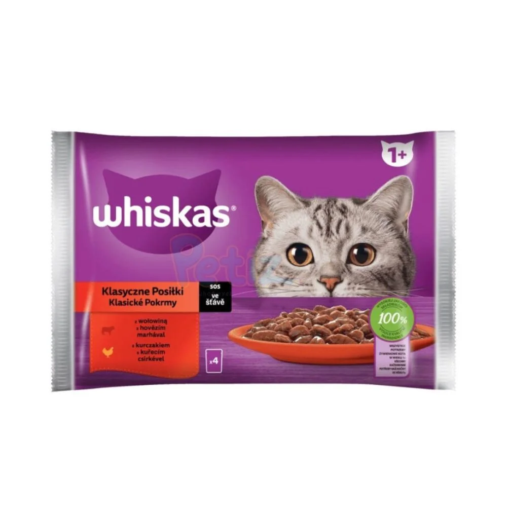 Whiskas Repas Classiques en Sauce pour Chats Adultes – Saveurs Poulet & Bœuf – 4 Sachets Frais de 85g (340g)