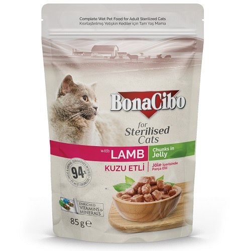 Bonacibo Premium Morceaux en Gelée pour chat sterilisé à l'agneau