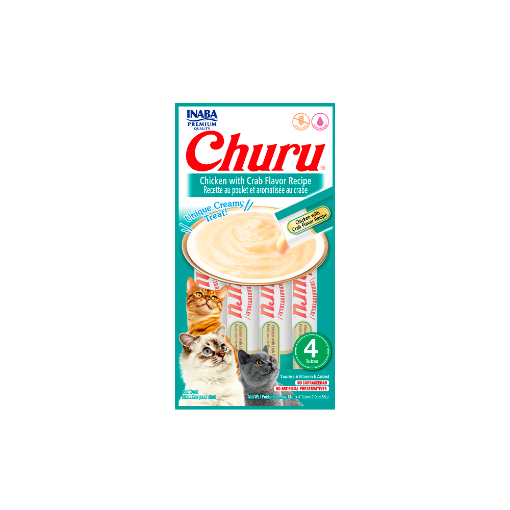 Churu recette au poulet et aromatisée au crabe 56g pour chat.