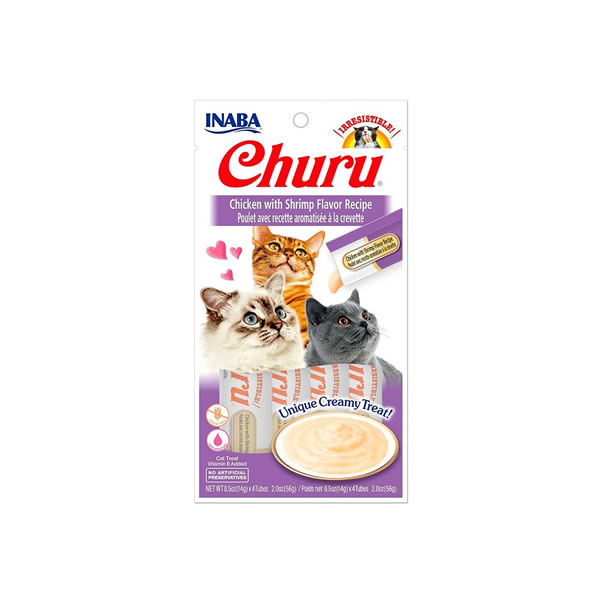 Churu recette au poulet et aromatisée à la crevette 56g pour chat.