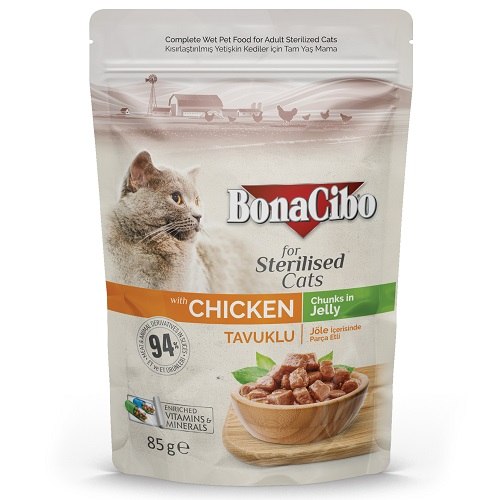 Bonacibo Morceaux en Gelée Premium au poulet pour chat stérilisé 85g