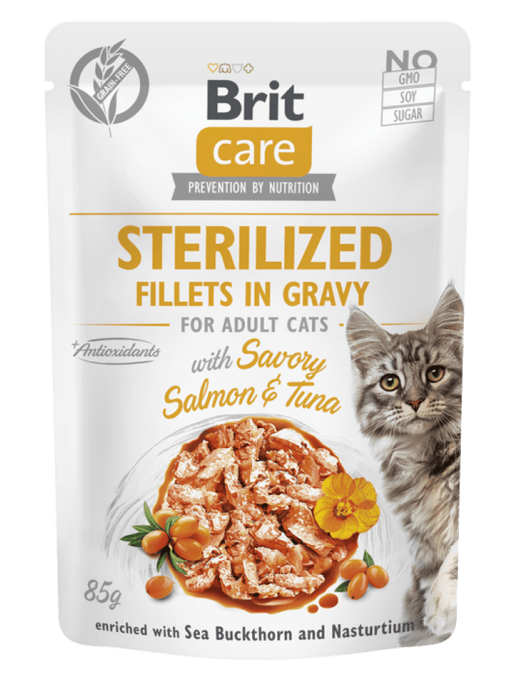 Brit Care Aliment Humide Chat Sterilized Fillets in Gravy with Savory Salmon &Tuna 85 g