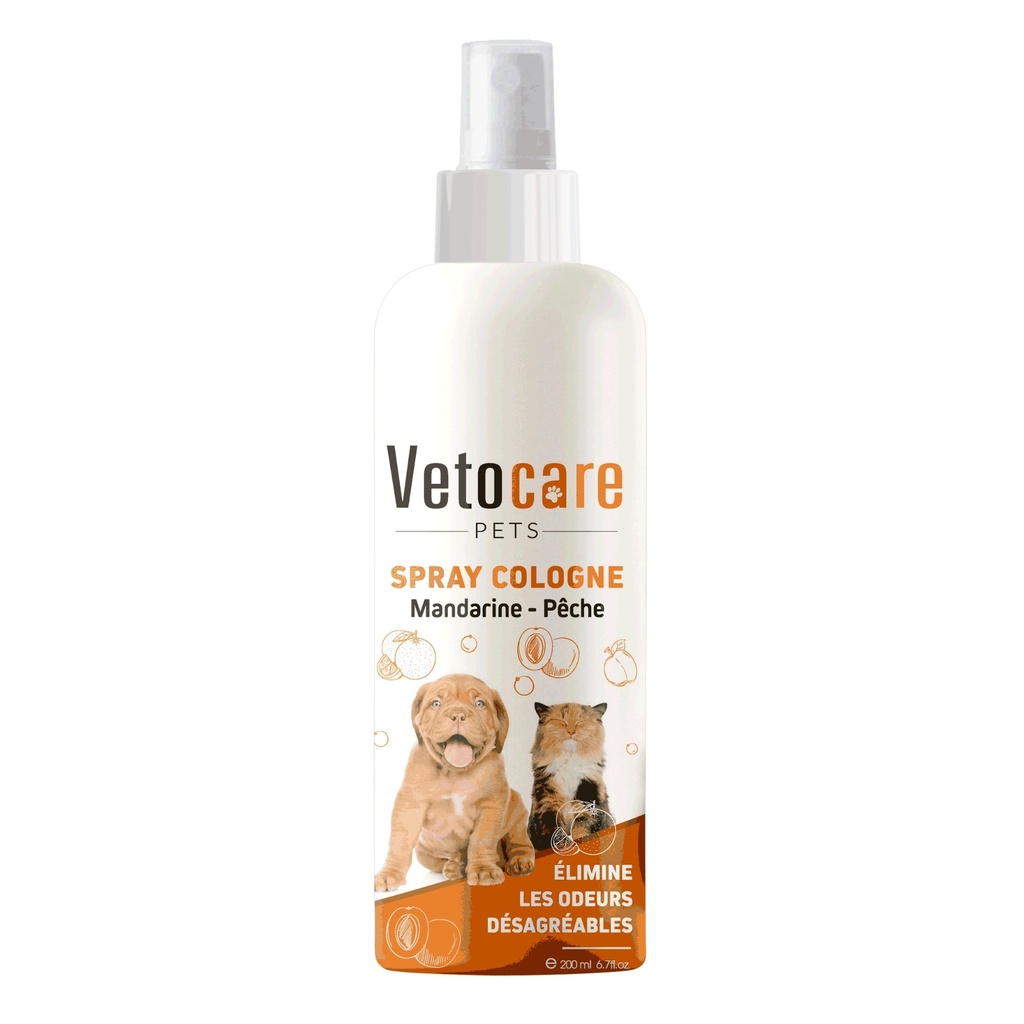 Eau de Cologne en spray 200 ml – Vetocare Pets (Pêche / Vanille / Pomme)