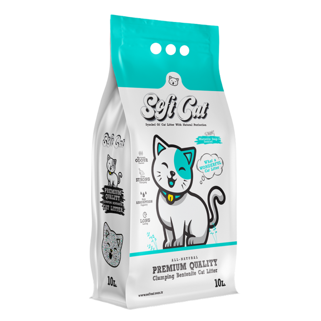 Litière Agglomérante Soft Cat – 5L / 10L (Savon de Marseille / Lavande / Aloe Vera)