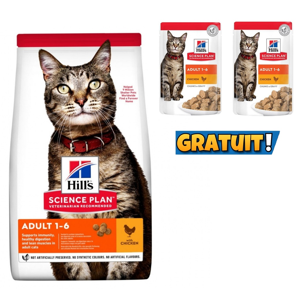 Croquettes pour chats HILL’S Adulte , au Poulet 1,5 kg + 2 pochons gratuit