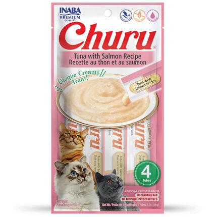 CHURU friandise en purée avec plusieurs saveurs (Poulet | Boeuf | Crabe | Thon | Saumon | Crevette | Fruits de Mer) - 4 sachets au Thon/Saumon