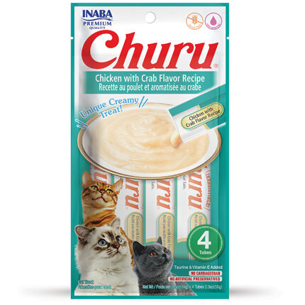 CHURU friandise en purée avec plusieurs saveurs (Poulet | Boeuf | Crabe | Thon | Saumon | Crevette | Fruits de Mer) - 4 sachets Poulet/Crabe