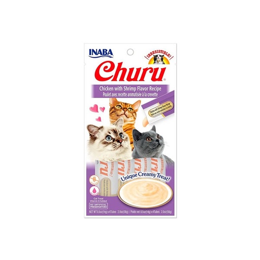 Churu recette au poulet et aromatisée à la crevette 56g pour chat.