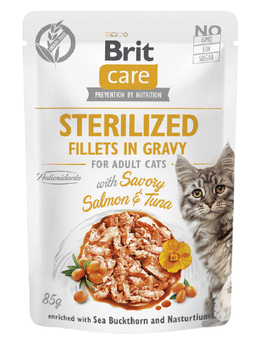 Brit Care Aliment Humide Chat Sterilized Fillets in Gravy with Savory Salmon &Tuna 85 g