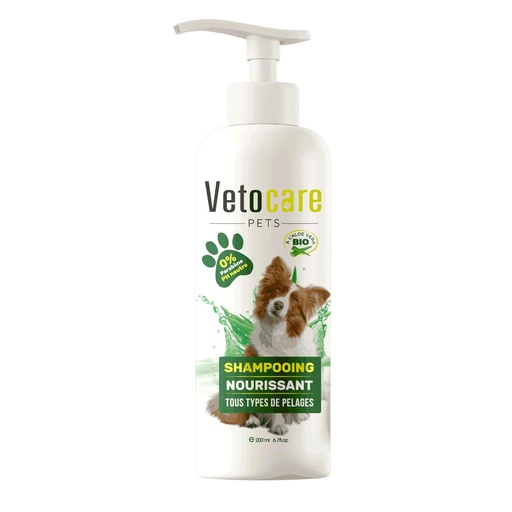 [vetocare-shampoing-chien-200ml] Shampoing Chien Vetocare – 200ml (Nourrissant / Poils Noirs / Poils Blancs)