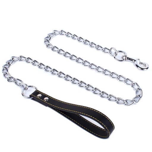 [laisse-metal-chien] Laisse pour chien en métal durable – Chaîne en fer avec poignée en cuir synthétique
