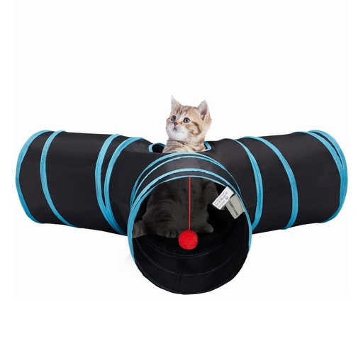 [tunnel-chat-3-entrees] Tunnel pliable à 3 voies pour chat – Tube de jeu interactif avec jouet à balle suspendu